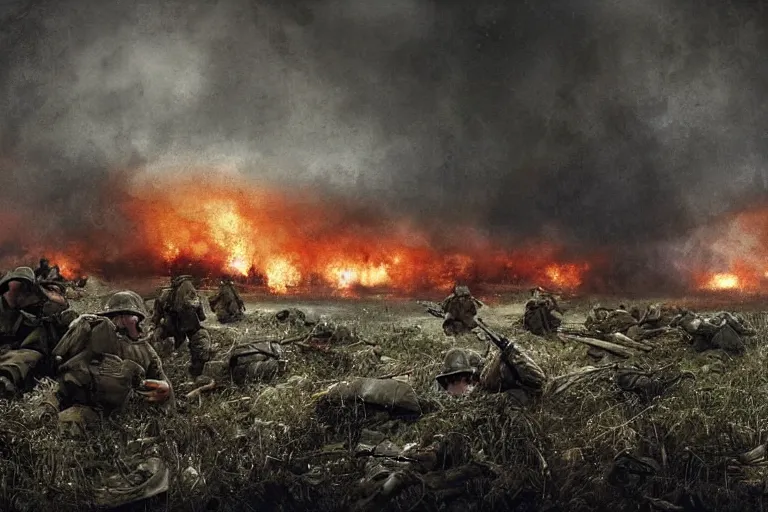 Image similar to chaotic battlefield, multiple soldiers on the ground!, thick dark smoke!, vehicles on fire, heavy rain from thick clouds, storm, overgrowth, (mushroom cloud) in the background, bleak, melancholy atmosphere, band of brothers, bf1942, 4k artwork by Gregory Crewdson and Grzegorz Domaradzki and Ivan Shishkin and Jakub Rozalski