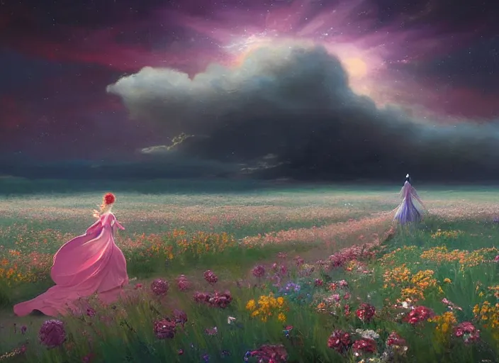 Prompt: a lone princess walks through a vast flower field in the cosmic sky by guweiz and peder mørk mønsted and delphin enjolras and vladimir volegov