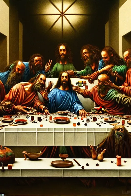 Image similar to hyper realistic painting of the last supper by wayne barlowe, beksinski, hr giger, austin osman spare, bussiere