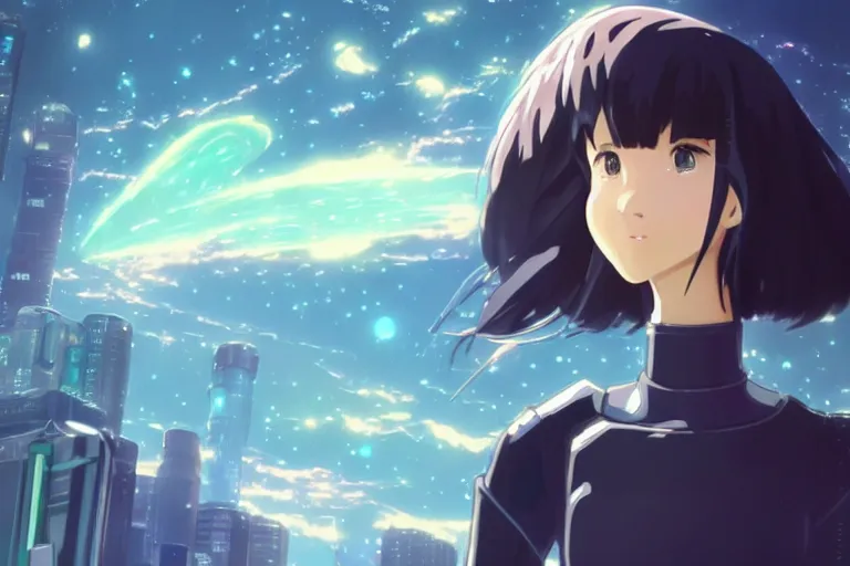 Prompt: makoto shinkai. robotic android girl. futuristic cyberpunk. dystopia. vibrant nebula sky.. hair