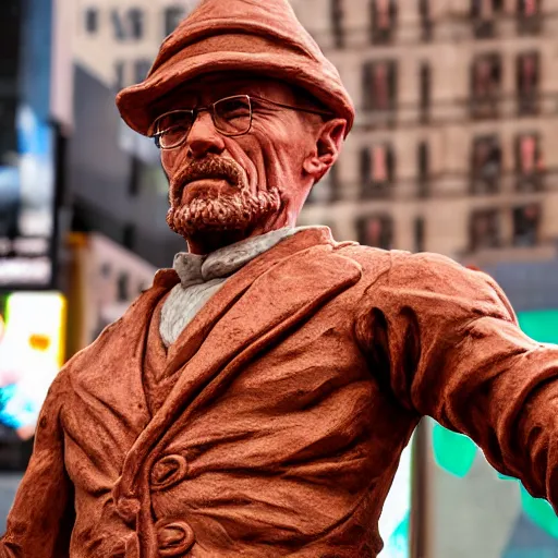 Prompt: extreme long - shot photograph of a very detailed renaissance clay sculpture of walter white wearing a phrygian cap in times square, made by michelangelo, hyper detailed, sharp focus, 8 k resolution, ray tracing