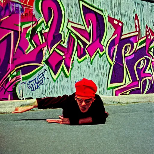 Image similar to 1990s candid photography of ugly dork wearing a fez hat breakdancing in public, cinematic, film grain, ultraviolet graffiti on walls