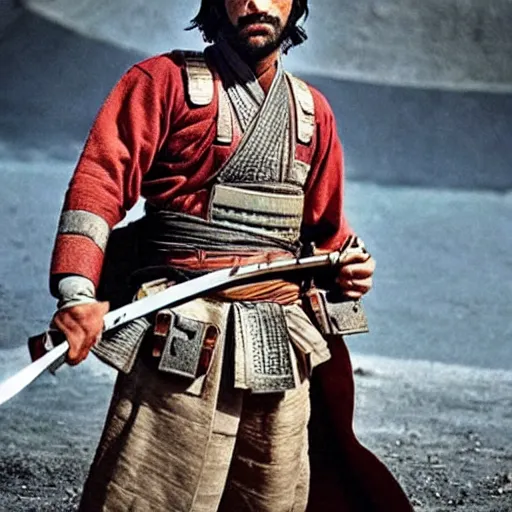 Image similar to handsome and strong kurdish samurai wielding a katana in a movie directed by christopher nolan, movie still frame, promotional image, imax 7 0 mm footage, perfect symmetrical facial features