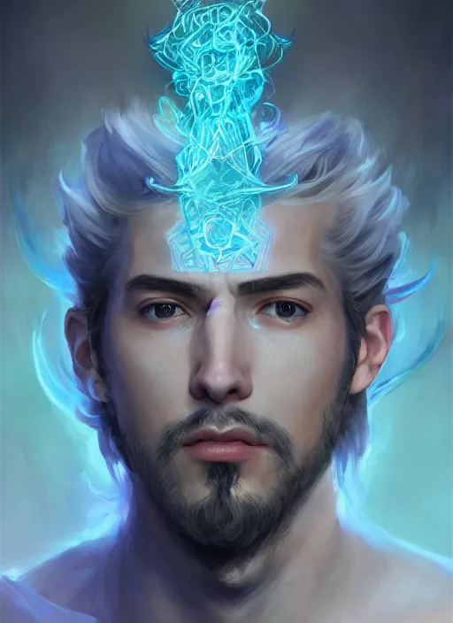 Prompt: character concept portrait of an attractive young smirking Spanish wizard with powder-blue skin conjuring a confusion spell, a floating iridescent spell book in the center, intricate, elegant, digital painting, concept art, smooth, sharp focus, illustration, from Metal Gear, by Ruan Jia and Mandy Jurgens and William-Adolphe Bouguereau, Artgerm