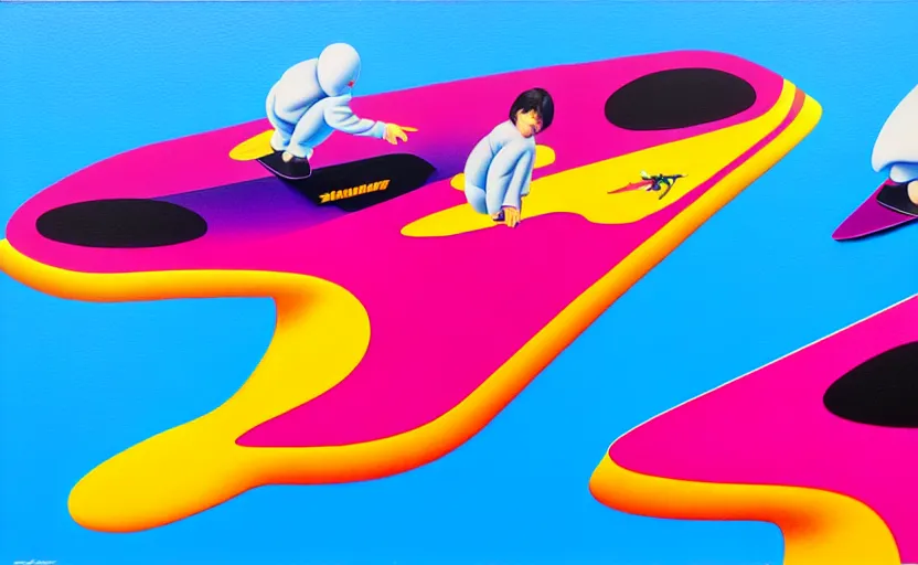 Image similar to flying skate boards by shusei nagaoka, kaws, david rudnick, airbrush on canvas, pastell colours, cell shaded!!!, 8 k