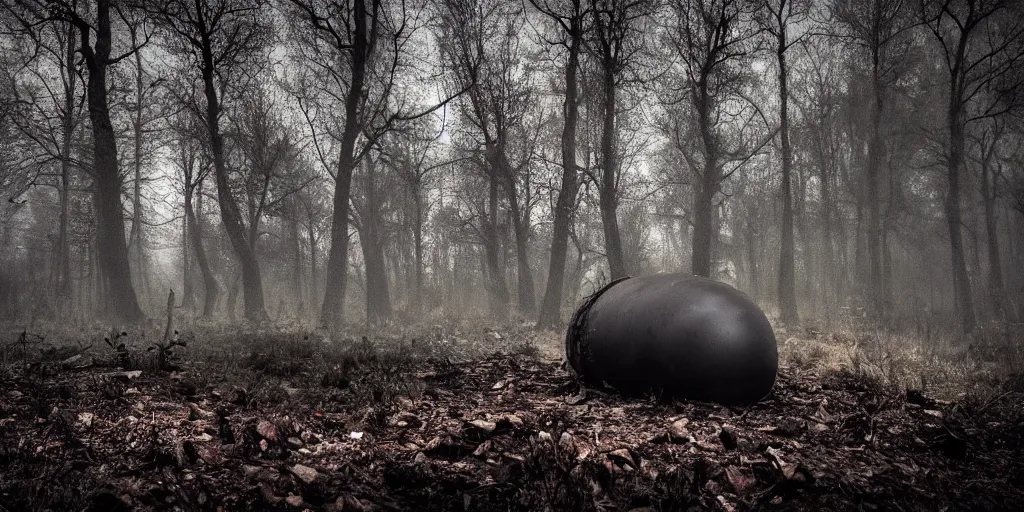 Prompt: abandoned soviet nuclear bomb in the woods, around everlasting darkness, atmospheric, wide shot, high definition, high detail, foreboding, artstation, foggy