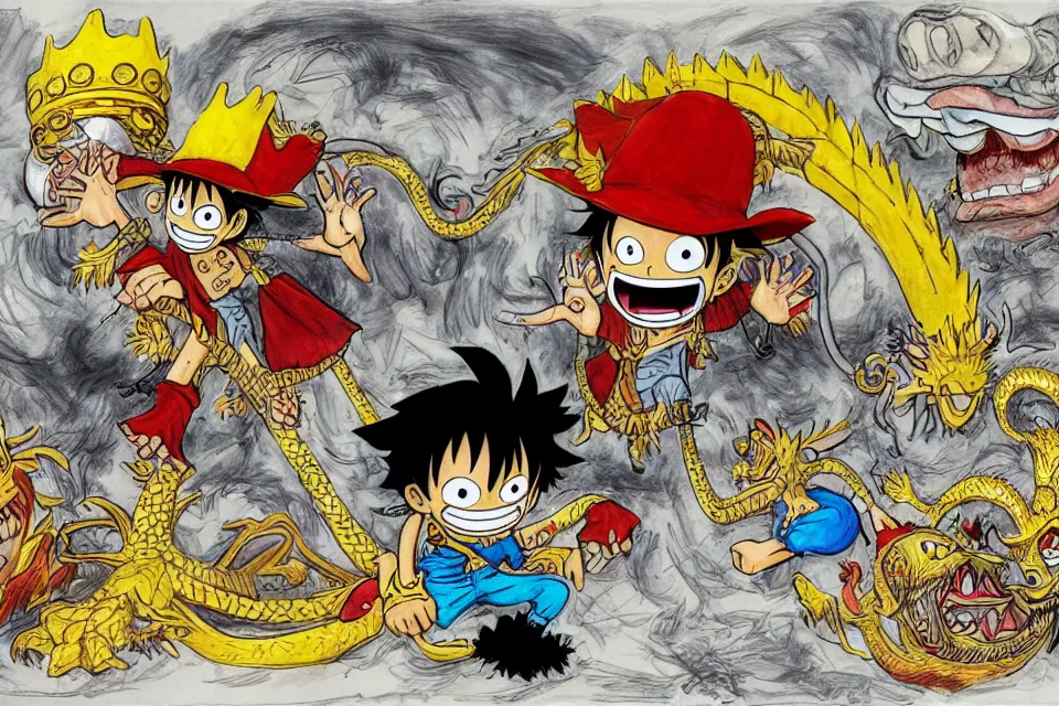 Image similar to concept sketches of luffy wearing a gold crown riding a large dragon by jamie hewlett, in the style of megaman, micro detail