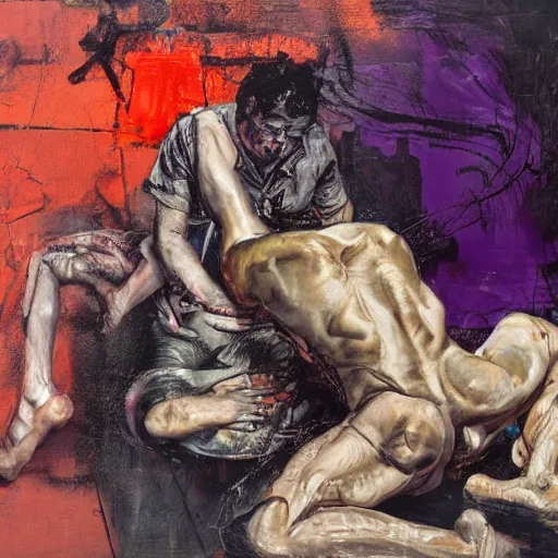 Image similar to high quality high detail painting of two men in agony in the city streets of london by lucian freud and jenny saville and francis bacon and norman rockwell and malcom liepke and nicola samori, hd, turquoise and purple and orange and pink, dark atmosphere