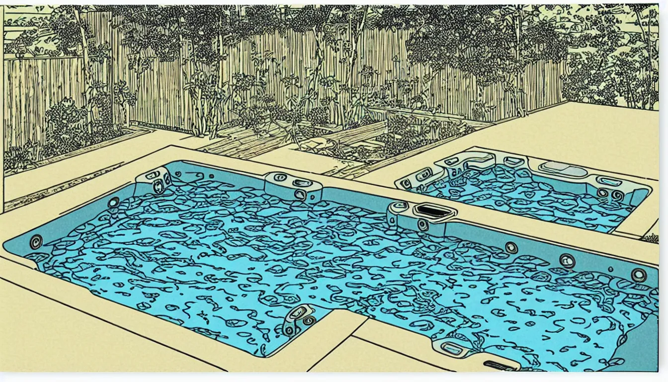 Image similar to hot tub in the backyard by woodblock print, moebius