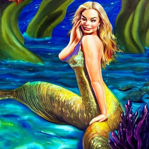 Prompt: Margot Robbie mermaid, fantasy painting