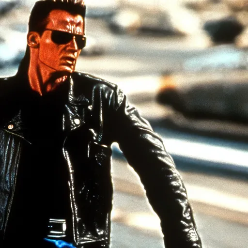 Image similar to cinematic still from terminator 2 : judgement day with the terminator played by rocky iv