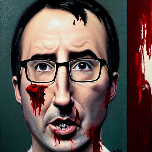 Image similar to Facial portrait. John Oliver, looking at the camera, disgusted. fear inspiring mood, intimidating. extremely detailed painting in pencil and blood on canvas. by Greg Rutkowski and by Henry Justice Ford and by Steve Henderson.