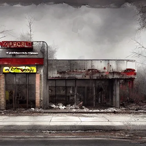 Image similar to michal karcz painting of an abandoned mcdonalds. , horror theme, detailed, elegant, intricate, 4k,