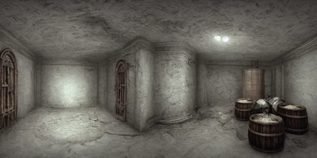 Image similar to echo chamber room, dark art fantasy, 3d render, super detailed, puddle of water, barrels, foggy