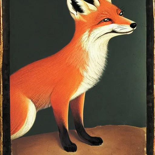 Prompt: a renaissance style portrait of the red fox (Vulpes vulpes) wearing the barretina, dark background