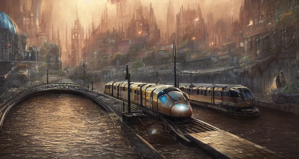 Image similar to An urban train rides inside of a waterway on a fantasy city, next to a fountain and a mystical palace,, hyperdetailed, artstation, cgsociety, golden hour 8k