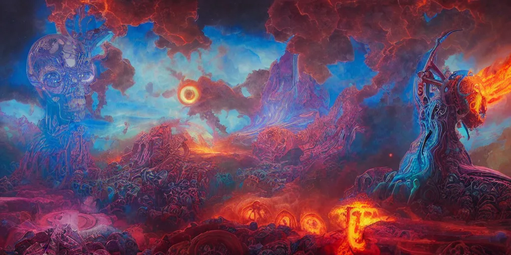 Image similar to gigantic psychedelic demonic cosmic skull of death and fire, outer space, fantasy painting, ultra realistic, dmt, symmetrical, wide angle, art nouveau, intricate details, digital painting, rainbowshift, vivid colors, highly detailed by peter mohrbacher, h. r. giger, maxfield parrish, craig mullins, octane render, cgi
