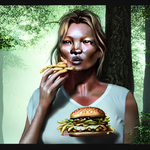 Image similar to A beautiful hyper realistic ultra detailed lifelike matte painting of Kate Moss eating big macs in the forest, serving fries, covered in ketchup, unreal engine, deviantart, flickr, artstation, octane render, textured, colorful, extreme realistic detail, physically based rendering, pbr render, very detailed, volumetric lighting, detailed lighting, octane render, 4k, cinematic lighting, 8k resolution