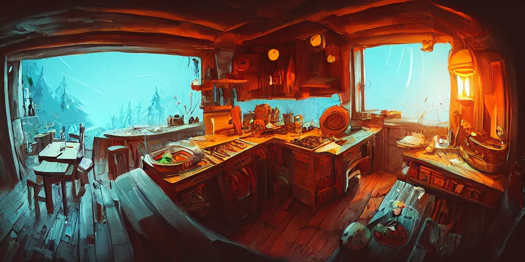 Prompt: epic illustration fisheye lens of a wooden kitchen dim lit by 1 candle in a scenic environment by Anton Fadeev