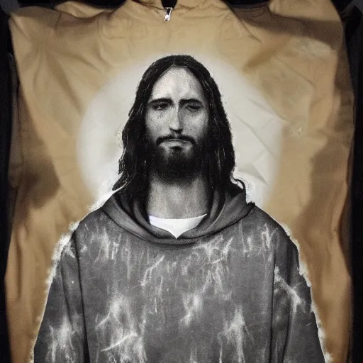 Prompt: jesus portrait wearing virgil abloh hoodie streetwear by nicola samori, off - white style