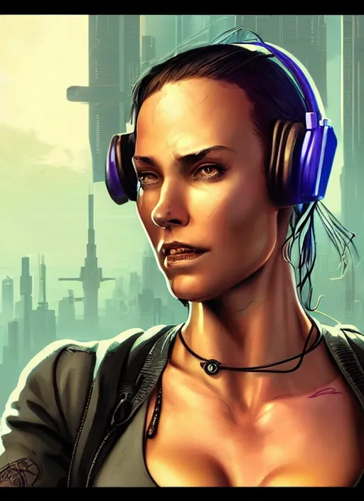 Image similar to Buff Maria. Female cyberpunk meathead wearing a cyberpunk headset. gorgeous face. Realistic Proportions. Concept art by James Gurney and Laurie Greasley. Moody Industrial skyline. ArtstationHQ. Creative character design for cyberpunk 2077.