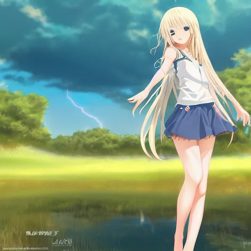 Image similar to a very beautiful anime cute girl, full body, long wavy blond hair, sky blue eyes, full round face, short smile, fancy top, miniskirt, front view, summer lake setting, cinematic lightning, medium shot, mid-shot, highly detailed, cinematic wallpaper by Stanley Artgerm Lau