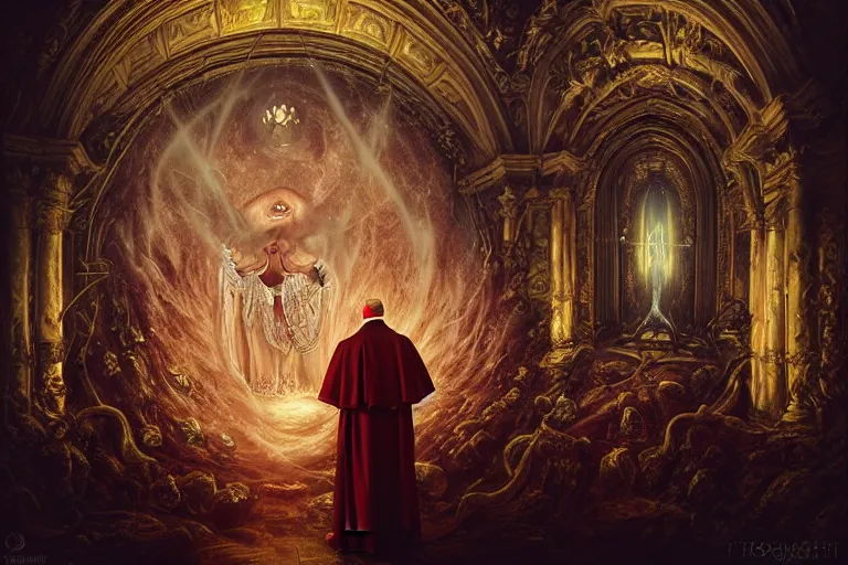 Image similar to photography group circle pope priest in an invoking ritual in front of a viscosity cthulhu within a lovecraft portal in a baroque intricate church, atmospheric lighting, rich deep colors masterpiece, fractal crystals, fantasy portrait by tom bagshaw