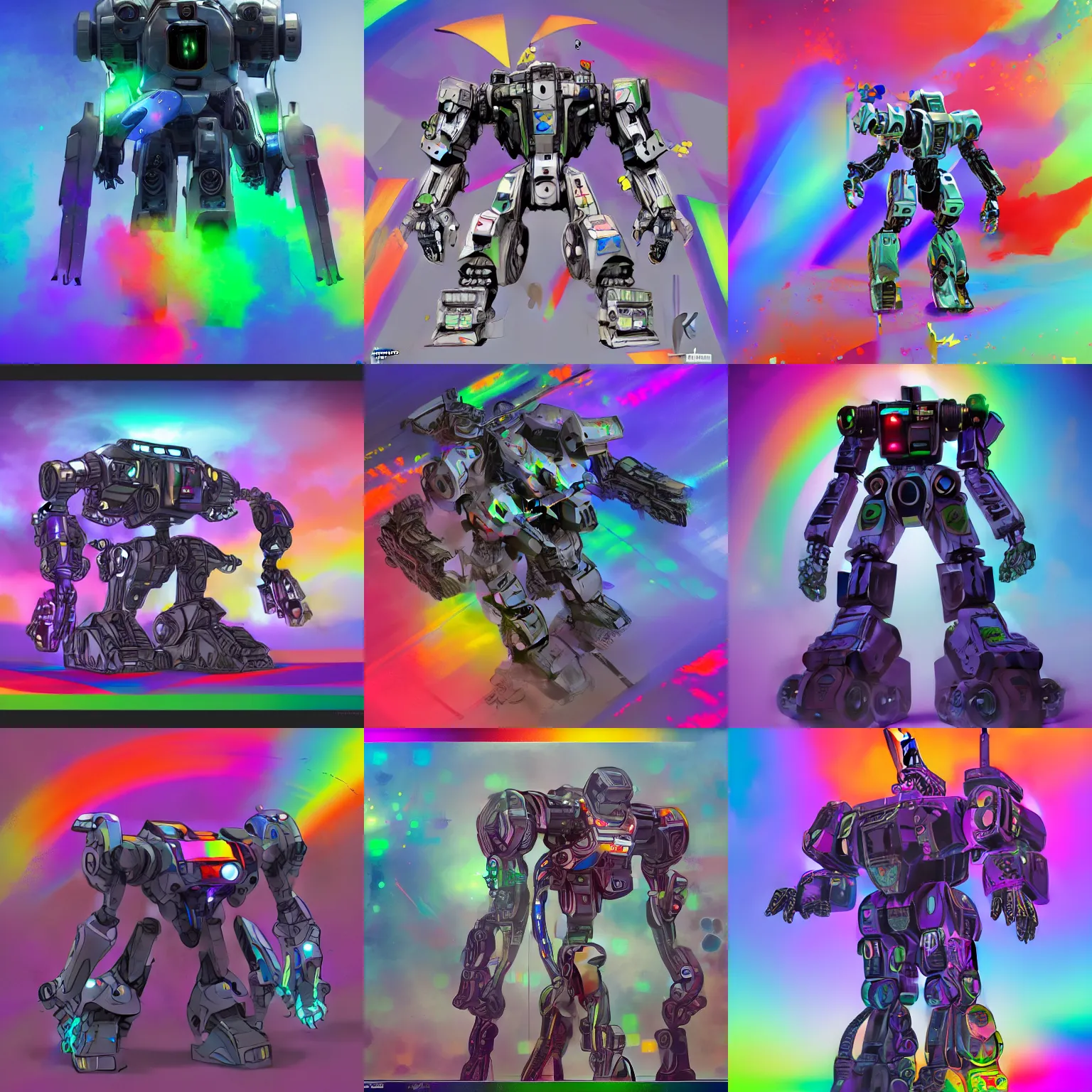 Prompt: A digital matte intricate illustration concept art of collosal robot mech Ed-209 at a Pride Parade inspired art + rainbow colors, symmetry , intricate complexity, epic composition, highly detailed, cinematic lighting + masterpiece, trending on artstation + 8k