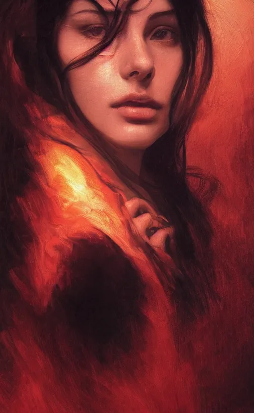 Image similar to a beautiful portrait painting of arwen, by diego velazquez, beautiful composition and structure, high contrast, high saturation, vivid ember colors, cross hatching featured on artstation, shading study, lighting study, studio lighting, pipe smoke, volumetric fog, artistic, cinematic, backlight, rim light, portrait study