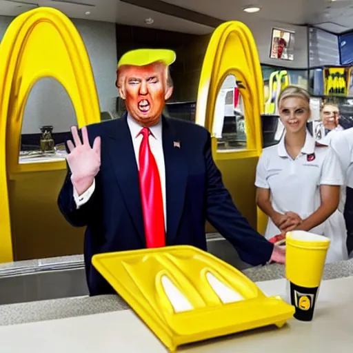 Image similar to donald trump wearing a mcdonalds uniform while working at mcdonalds