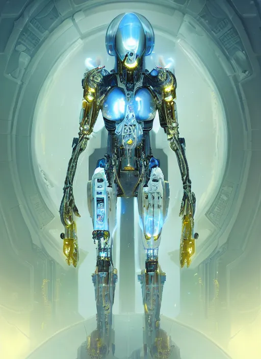 Image similar to benevolent cyborg necromancer, scifi, futuristic, helpful, kind, intelligent, alien room background, white, blue, gold, highly detailed, trending on artstation, soft light, holy machine, advanced technology, art by vitaly bulgarov and nivanh chanthara