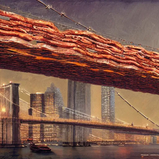 Image similar to the brooklyn bridge made of bacon by greg rutkowski and frank lloyd wright