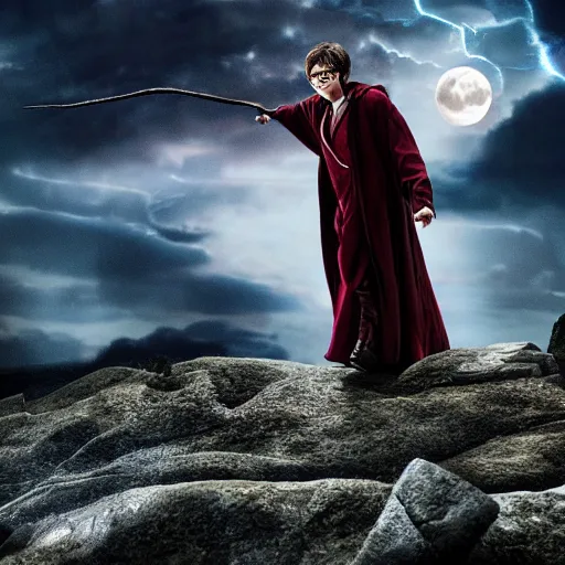 Image similar to Harry potter upright and levitating , back view, thunderclouds, cinematic shot, epic scale, waving robe movement, wand, photorealistic detail and quality, intricate ground stone, movie still, nighttime, crescent moon, sharp and clear, action shot, intense scene, visually coherent, symmetry, rule of thirds, movement, vivid colors, cool colors transitioning to warm colors, award winning, directed by Steven Spielberg, Christopher Nolan, Tooth Wu, Asher Duran, Greg Rutkowski