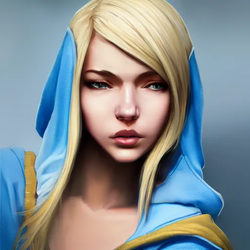 Image similar to greg manchess portrait of a beautiful girl with blonde hair, wearing a blue hoodie, as an overwatch character, medium shot, asymmetrical, cinematic lighting, sharp shadows, profile picture, organic painting, matte painting, bold shapes, hard edges, street art, trending on artstation, by huang guangjian and gil elvgren and sachin teng