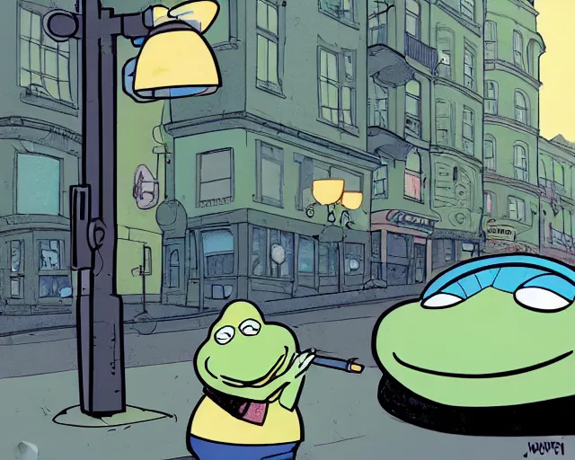 Image similar to a study of cell shaded cartoon of an obese kermit smoking a cigarette on a city street, street lamps, road, illustration, wide shot, subtle colors, post grunge, concept art by josan gonzales and wlop, by james jean, Victo ngai, David Rubín, Mike Mignola, Laurie Greasley, highly detailed, sharp focus, Trending on Artstation, HQ, deviantart, art by artgem