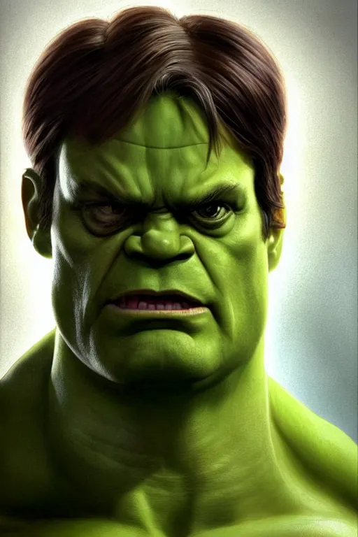 Prompt: Dwight Schrute as Hulk, Hulk costume, Dwight Schrute hairstyle, Hulk body type, Dwight Schrute Face, calm, grumpy, portrait, masculine figure, highly detailed, digital painting, artstation, concept art, smooth, sharp focus, illustration, cinematic lighting, art by artgerm and greg rutkowski and alphonse mucha