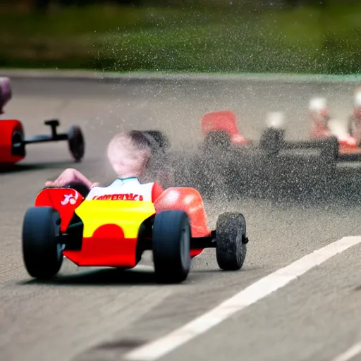 Image similar to young gokart racer taking a corner at speed on a race track, motion blur lights, laser, smoke, debris, fast movement