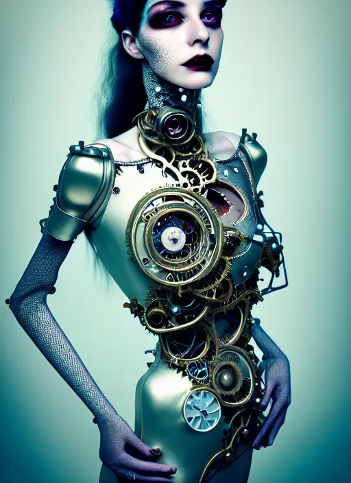 Image similar to kodak portra 4 0 0 photo portrait of a beautiful pale woman in style of tim walker, silver lace floral steampunk biomechanical, one techno eye female cyborg, big monocular, volumetric light, coloured gel light, gothic fashion, octane render, 8 k