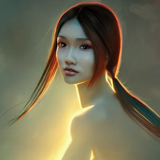 Image similar to a thin, pretty young Filipino woman with long hair floats in a dream world, beautiful dramatic lighting, abstract, trending on artstation