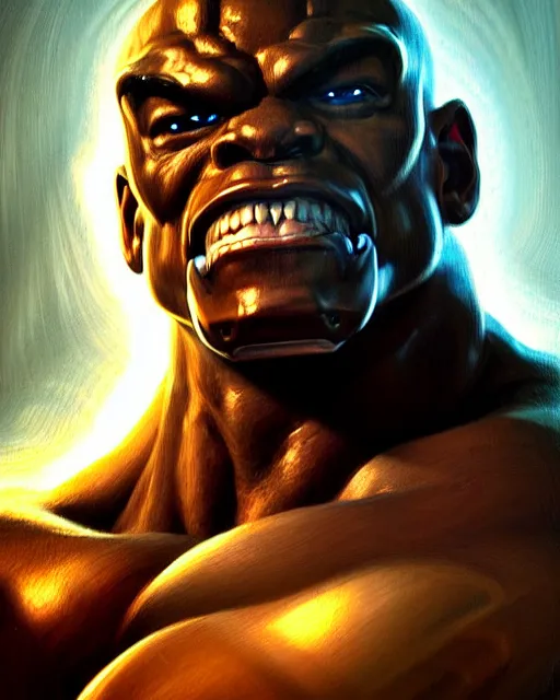 Prompt: doomfist from overwatch, elegant, confident, smug, ripped, buff, strong, fantasy, fantasy art, character portrait, portrait, close up, highly detailed, intricate detail, amazing detail, sharp focus, vintage fantasy art, vintage sci - fi art, radiant light, caustics, by boris vallejo