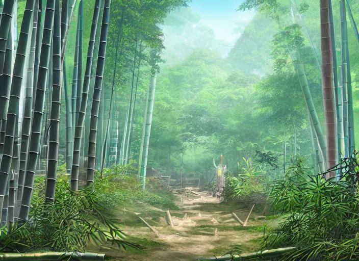 Prompt: deep in a japanese bamboo forest, ancient ruined temple in distance, sunny, cartoony, anime style, mid day, realistic lighting, by ghibli studio, arcane, wild rift, trending on artstation, 4 k, hd