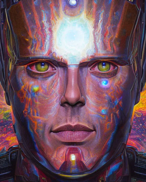 Image similar to portrait ultra dimensional iron man, accidentally tripping on dmt and acid, psychedelic experience, overwhelming psychosis of self realization and burning awakening, ultra high definition, unreal engine 5, hyperrealism, masterpiece composition, by casey weldon, barclay shaw 8 k photorealistic