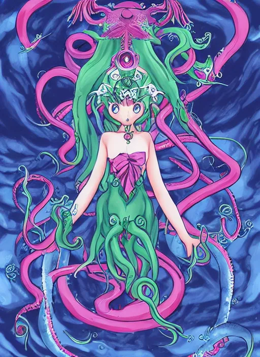 Prompt: Cthulhu as a Sailor moon main girl, Concept Art, Anime illustration, very detailed, detailed head of Cthulhu with tentacles