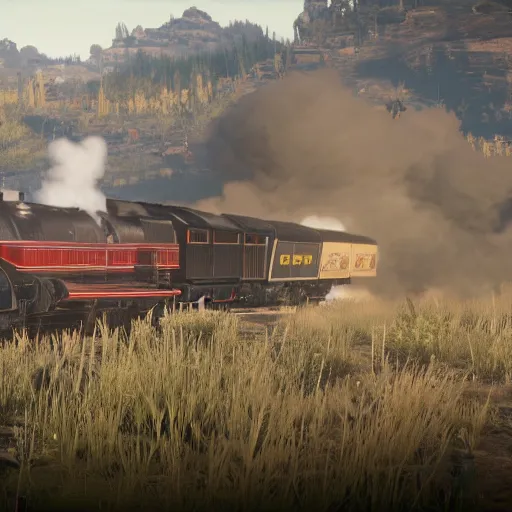 Image similar to futuristic sleek steam locomotive in red dead redemption 2