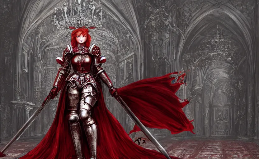 Image similar to redhead queen knight in red armor, inside grand hall in castle with rococo aesthetic, exposed beating heart in chest, crown, face with scars, dark souls 3, intimidating, ominous, evil, high fantasy, intricate detail, digital painting, artstation, concept art, smooth, sharp focus, illustration, art by yoshitaka amano and monia merlo and giger and wlop