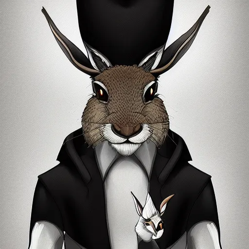 Image similar to anthropomorphic jackrabbit harengon with black skin and white highlights, wearing stylized monk robes and a very wide brimmed black safari hat, focus on hat, digital art featured on artstation