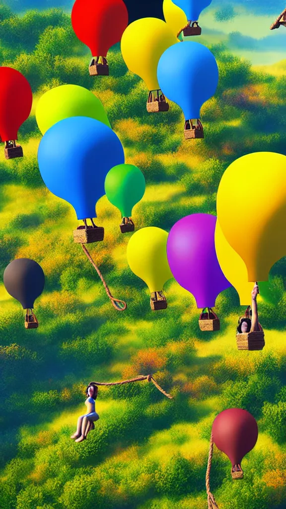 Image similar to large colorful balloons with people on rope swings underneath, flying high over the beautiful countryside landscape, professional painting, realistic, detailed, digital art, unreal engine