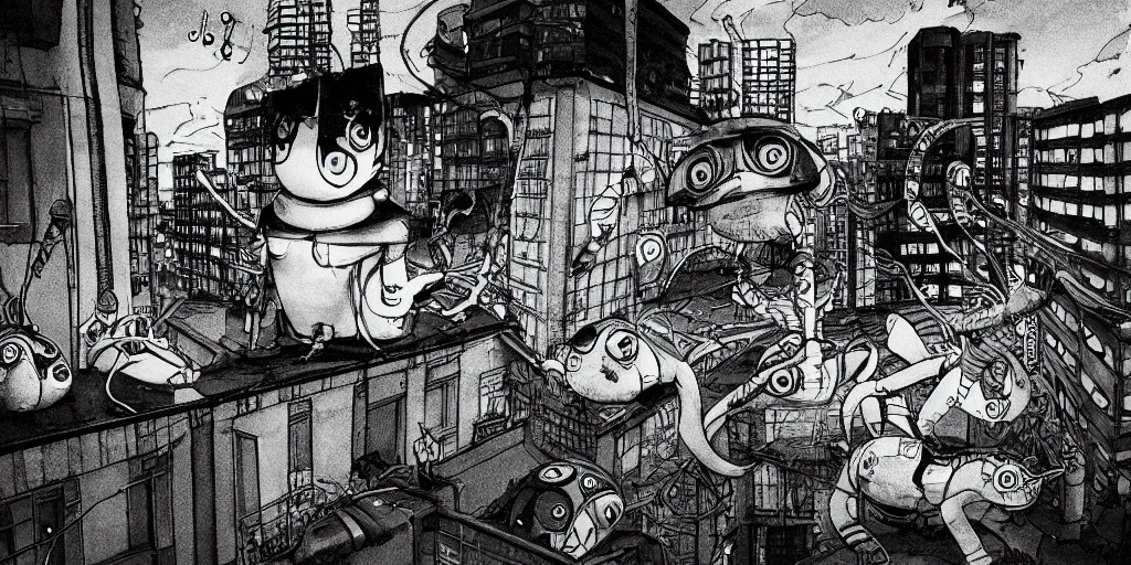 Image similar to mutant pet shop slug robot squad. on the urban neogeorgian rooftops at night. low angle. by junji ito. 3 5 mm portraiture film.