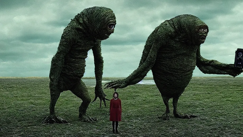 Image similar to the creature that knows where I live, made of oil, film still from the movie directed by Denis Villeneuve with art direction by Salvador Dalí, wide lens