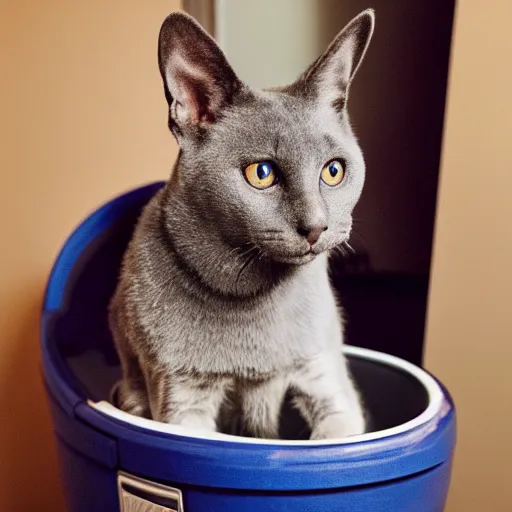 Image similar to Portra 400 a russian blue cat sitting on top of a german sheppherd in a space toilet